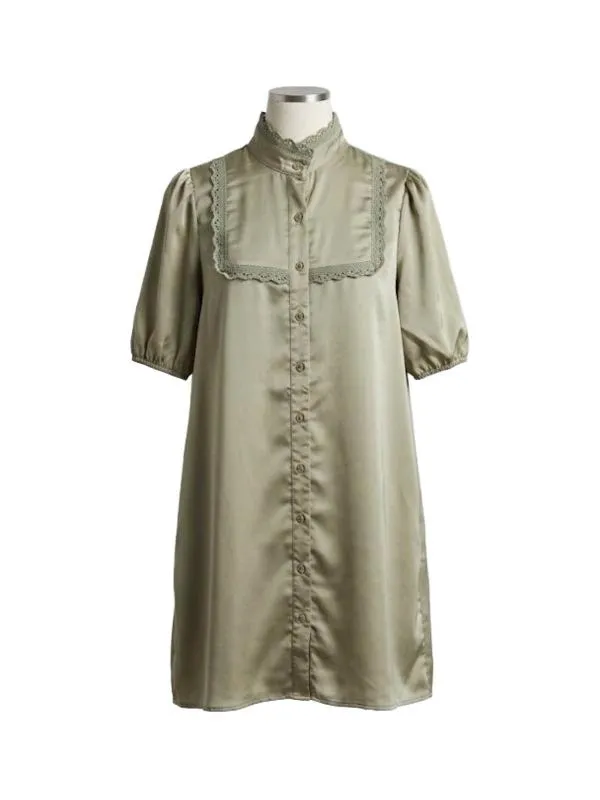 Rochie casual Lola May M | Khaki, Mini, Mânecă scurtă, Monocrom, Dantelă