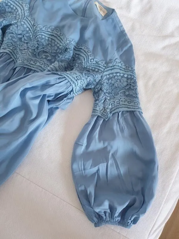 Rochie de ocazie Aura Bella S | Bleu, Midi, Mânecă lungă, Monocrom, Dantelă - Image 10