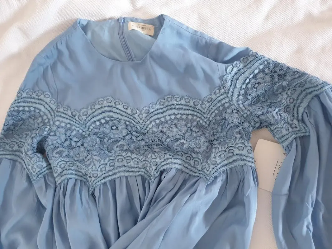 Rochie de ocazie Aura Bella S | Bleu, Midi, Mânecă lungă, Monocrom, Dantelă - Image 11