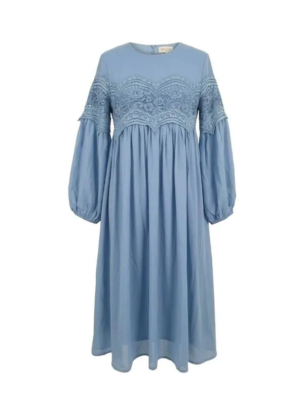 Rochie de ocazie Aura Bella S | Bleu, Midi, Mânecă lungă, Monocrom, Dantelă