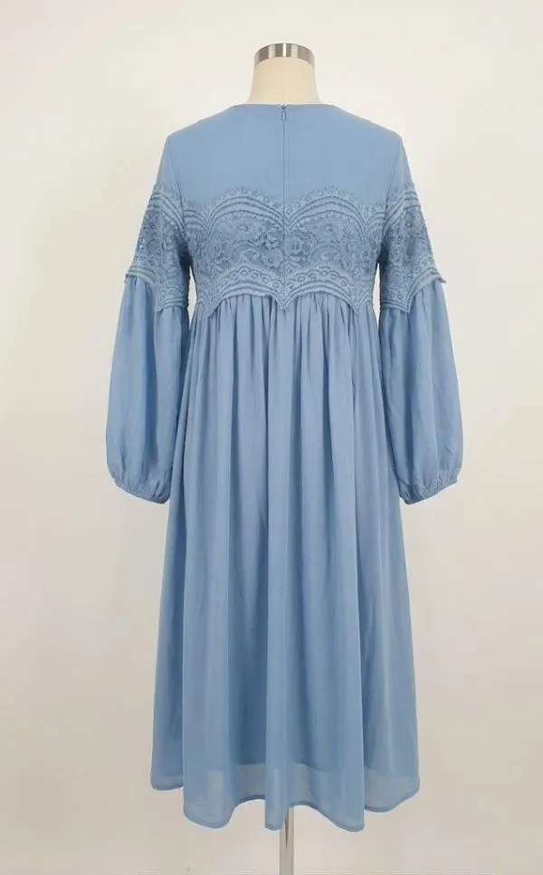 Rochie de ocazie Aura Bella S | Bleu, Midi, Mânecă lungă, Monocrom, Dantelă - Image 2