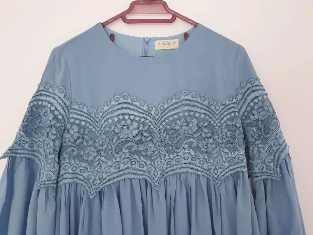 Rochie de ocazie Aura Bella S | Bleu, Midi, Mânecă lungă, Monocrom, Dantelă - Image 4