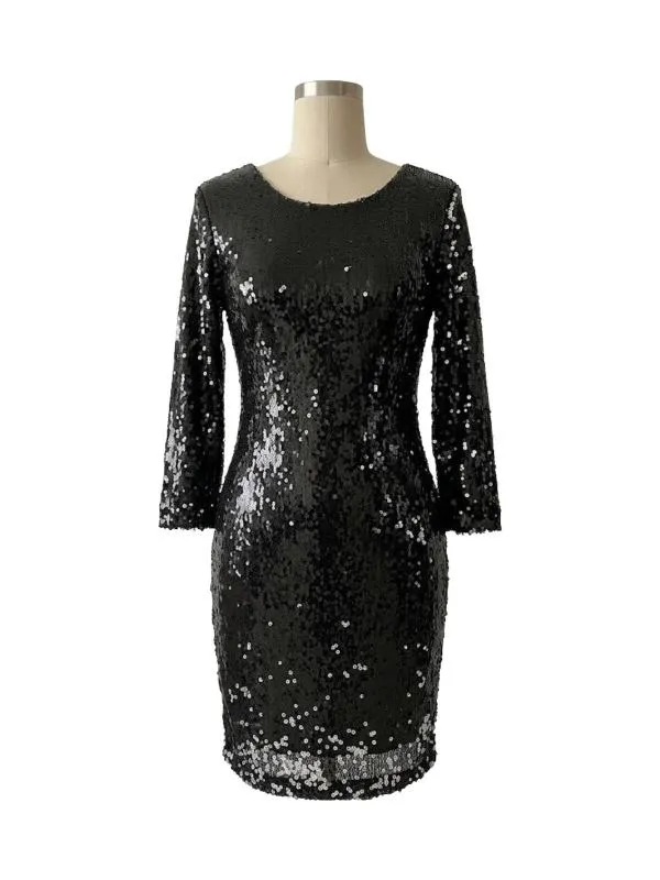 Rochie de seară F&P S | Negru, Mini, Mânecă lungă, Monocrom, Paiete