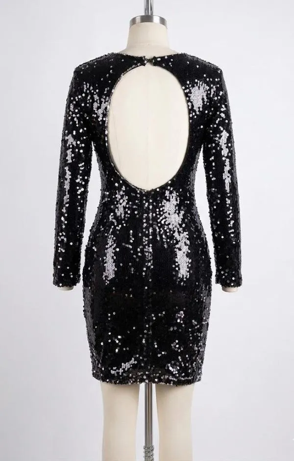 Rochie de seară F&P S | Negru, Mini, Mânecă lungă, Monocrom, Paiete - Image 2