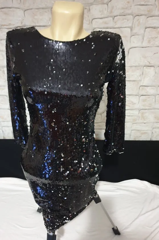 Rochie de seară F&P S | Negru, Mini, Mânecă lungă, Monocrom, Paiete - Image 3