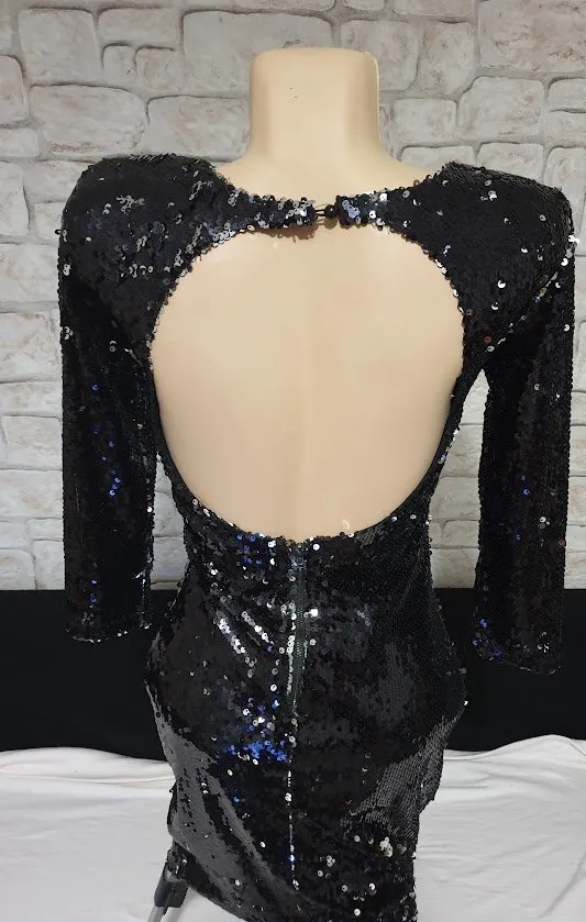 Rochie de seară F&P S | Negru, Mini, Mânecă lungă, Monocrom, Paiete - Image 4