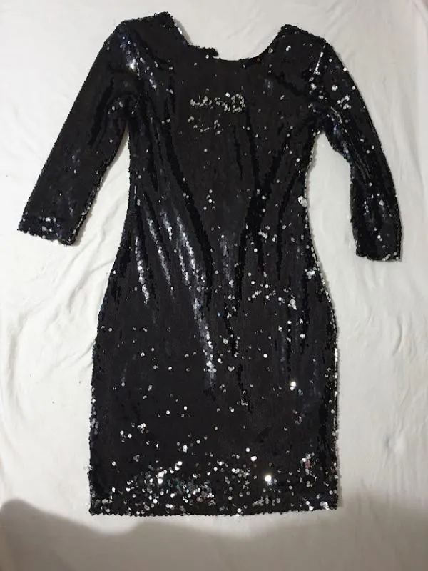 Rochie de seară F&P S | Negru, Mini, Mânecă lungă, Monocrom, Paiete - Image 5