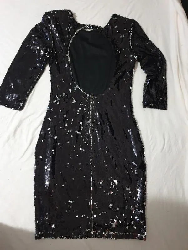 Rochie de seară F&P S | Negru, Mini, Mânecă lungă, Monocrom, Paiete - Image 6
