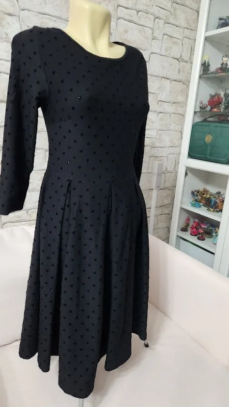 Rochie de seară Myrine S | Negru, Midi, Mânecă trei sferturi, Buline & Imprimeuri mici - Image 4