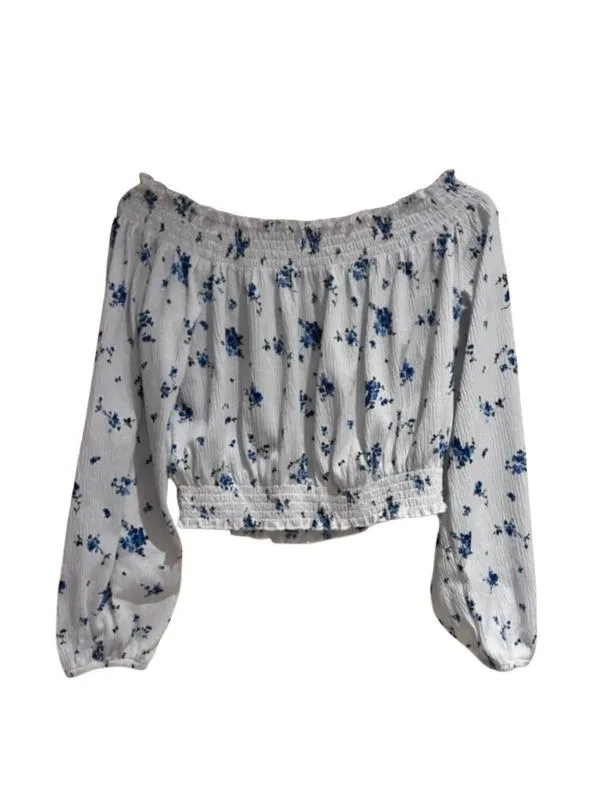 Top cropped H&M M | Alb, Cropped (Scurt), Mânecă lungă, Floral & Tropical