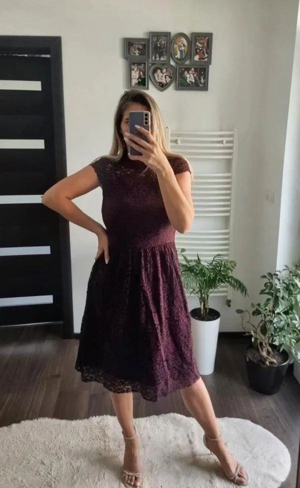 Rochie de seară Esprit S | Burgundy, Midi, Fără mâneci, Floral & Tropical, Dantelă - Image 2