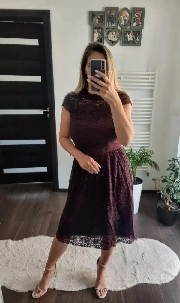 Rochie de seară Esprit S | Burgundy, Midi, Fără mâneci, Floral & Tropical, Dantelă - Image 3