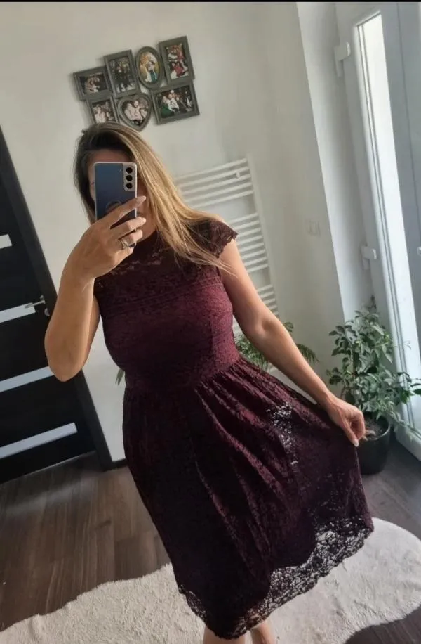 Rochie de seară Esprit S | Burgundy, Midi, Fără mâneci, Floral & Tropical, Dantelă - Image 4