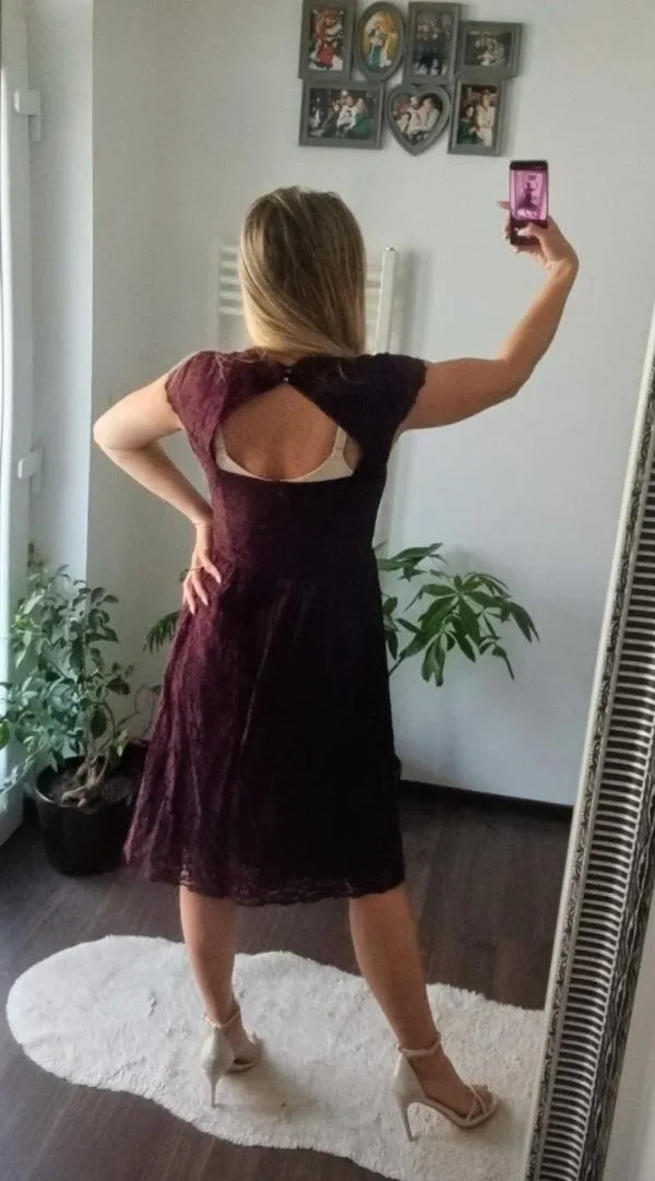 Rochie de seară Esprit S | Burgundy, Midi, Fără mâneci, Floral & Tropical, Dantelă - Image 5