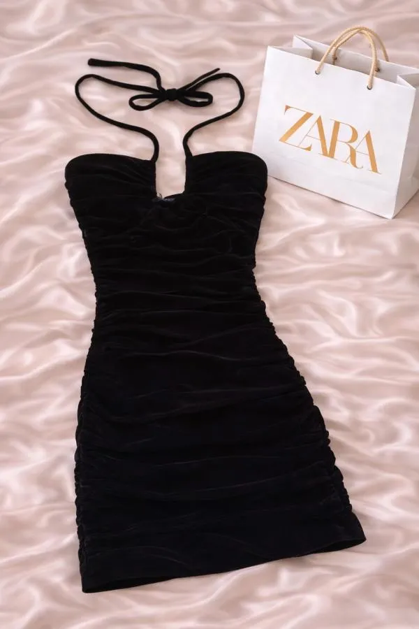 Rochie de seară Zara XS | Negru, Mini, Bretele după gât, Drapat - Image 12