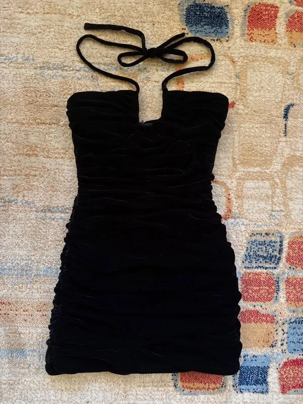Rochie de seară Zara XS | Negru, Mini, Bretele după gât, Drapat - Image 2