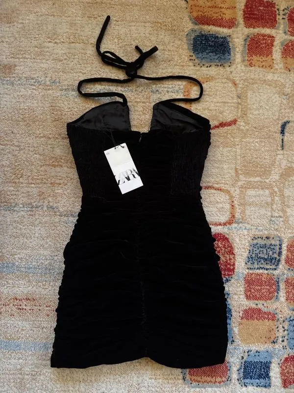 Rochie de seară Zara XS | Negru, Mini, Bretele după gât, Drapat - Image 4