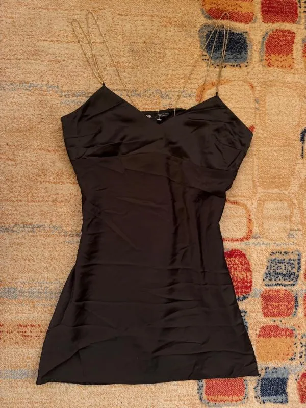 Rochie de seară Zara L | Negru, Mini, Bretele subțiri, Satinat - Image 3