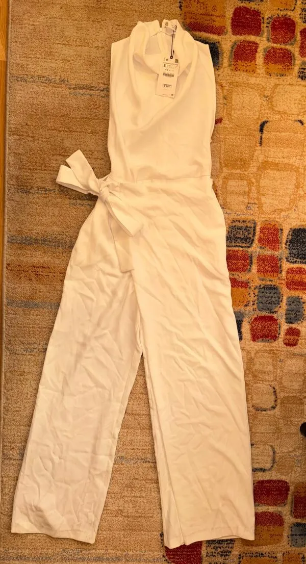Salopetă Zara S | Alb, Lungă, Fără mâneci, Design petrecut - Image 4