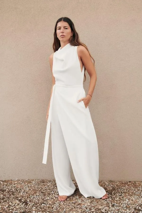 Salopetă Zara S | Alb, Lungă, Fără mâneci, Design petrecut - Image 3