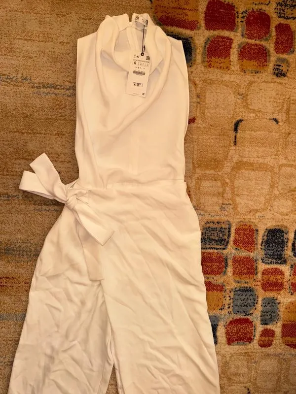 Salopetă Zara S | Alb, Lungă, Fără mâneci, Design petrecut - Image 8