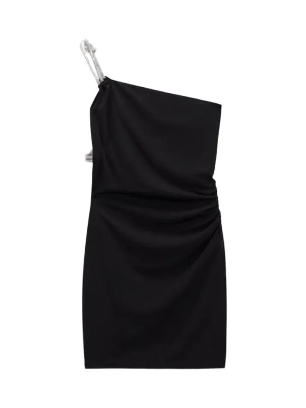 Rochie de seară Zara XS | Negru, Mini, Pe un umăr, Pietre decorative, Poliester
