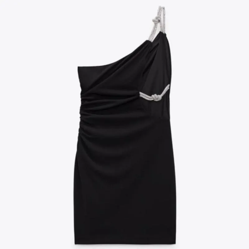 Rochie de seară Zara XS | Negru, Mini, Pe un umăr, Pietre decorative, Poliester - Image 2