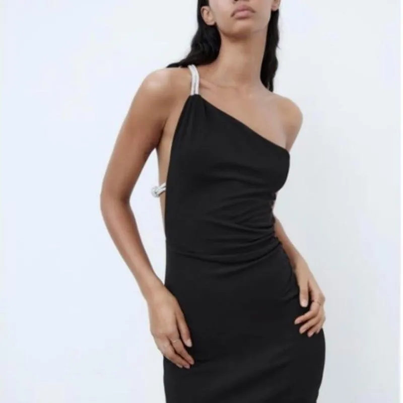 Rochie de seară Zara XS | Negru, Mini, Pe un umăr, Pietre decorative, Poliester - Image 3