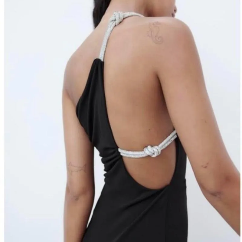 Rochie de seară Zara XS | Negru, Mini, Pe un umăr, Pietre decorative, Poliester - Image 4