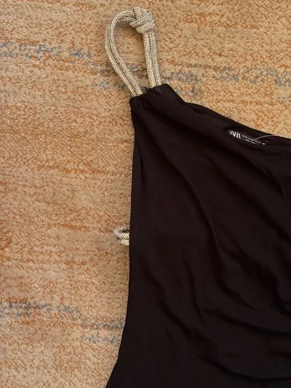 Rochie de seară Zara XS | Negru, Mini, Pe un umăr, Pietre decorative, Poliester - Image 6