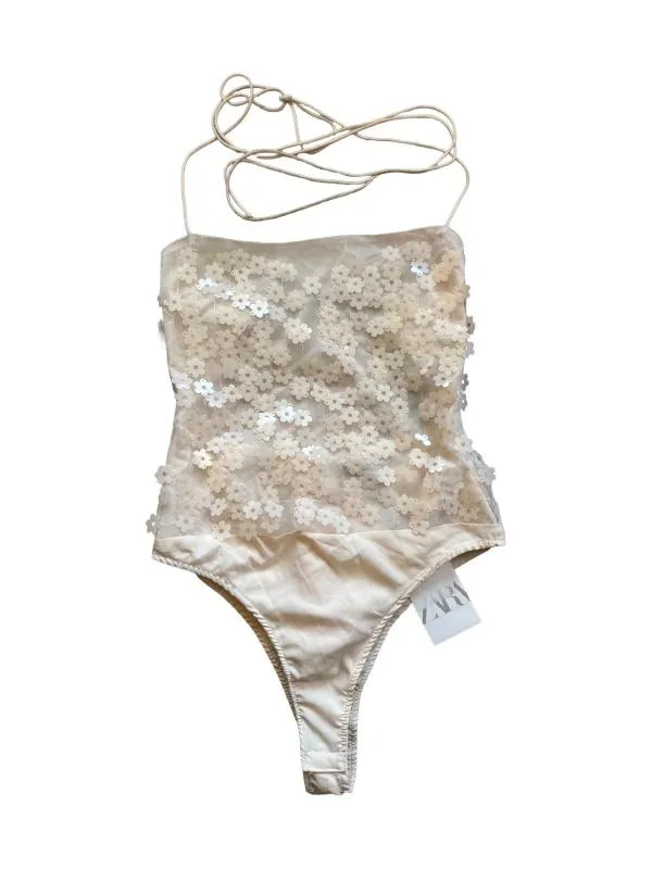Body Zara S | Bej, Normal, Bretele subțiri, Floral & Tropical, Paiete