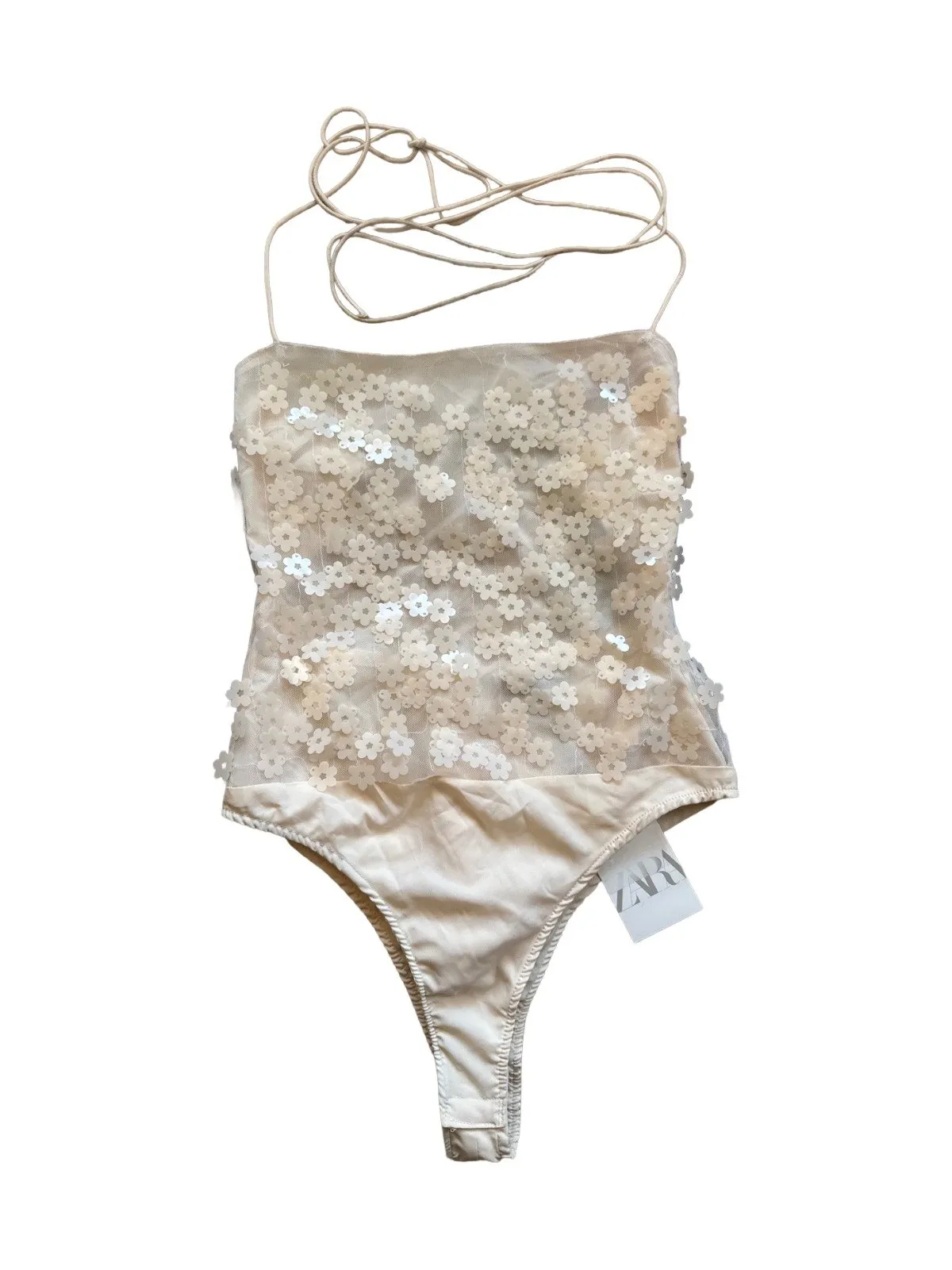 Body Zara S | Bej, Normal, Bretele subțiri, Floral & Tropical, Paiete