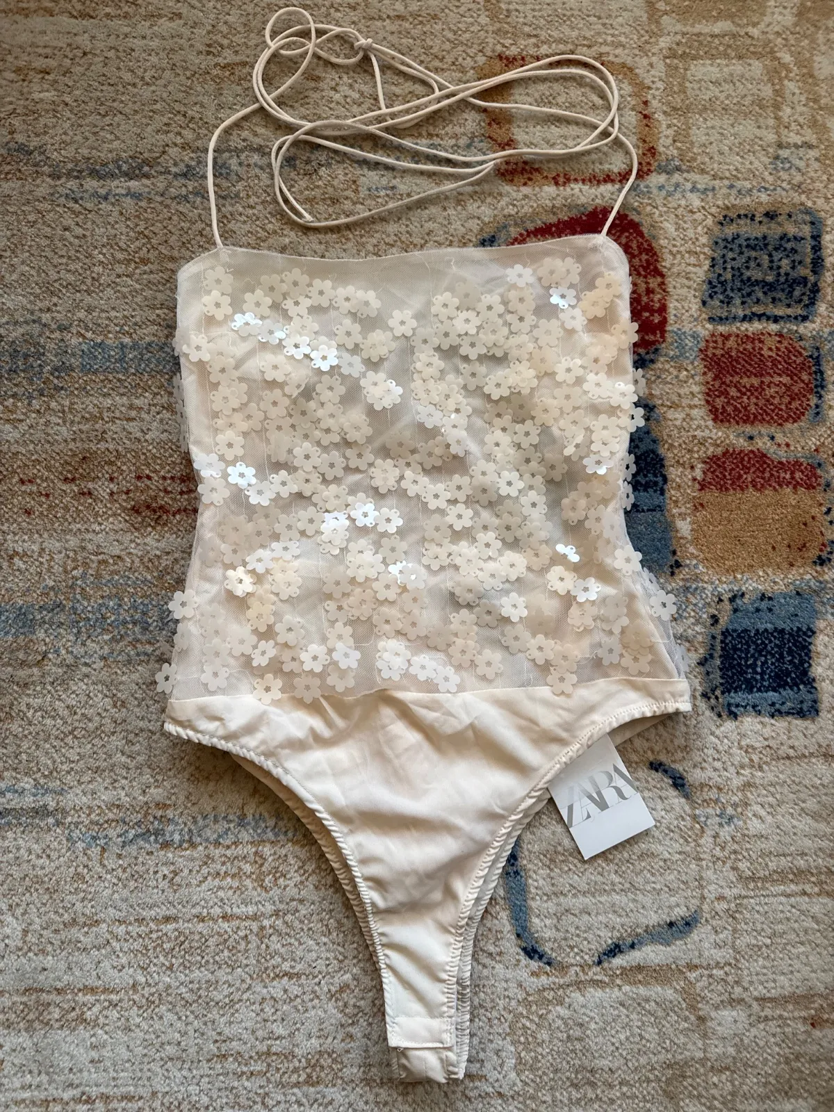 Body Zara S | Bej, Normal, Bretele subțiri, Floral & Tropical, Paiete - Image 12