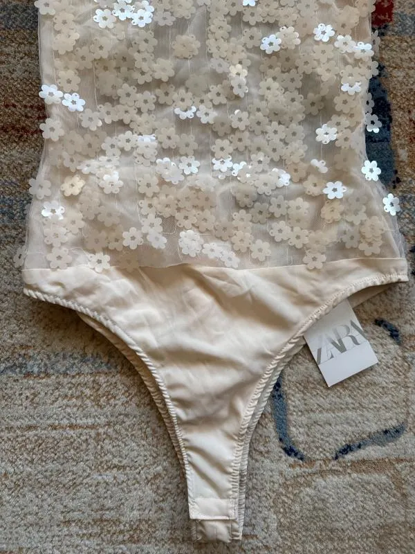 Body Zara S | Bej, Normal, Bretele subțiri, Floral & Tropical, Paiete - Image 4