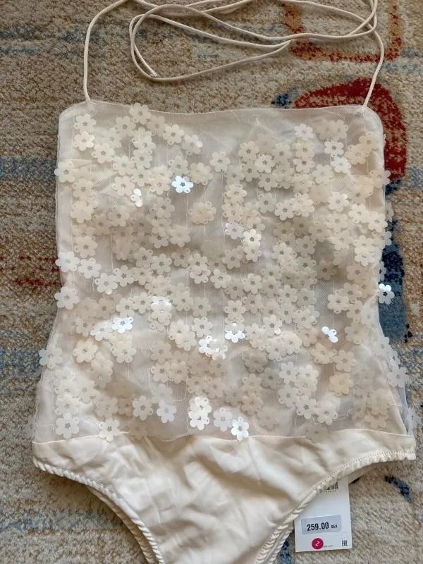 Body Zara S | Bej, Normal, Bretele subțiri, Floral & Tropical, Paiete - Image 2