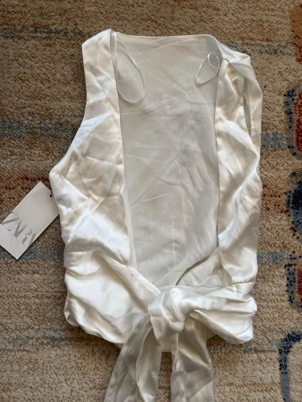 Top cropped Zara S | Alb, Cropped (Scurt), Fără mâneci, Satinat - Image 12