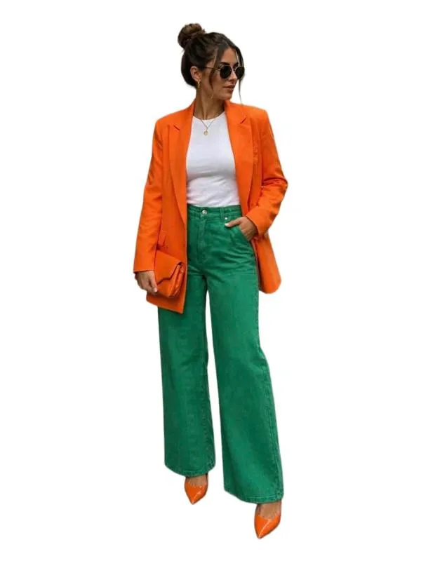 Blugi H&M S | Verde, Lungi, Talie înaltă, Wide Leg fit, Denim