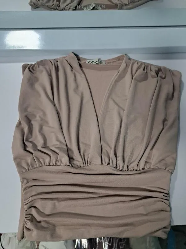 Top scurt cu decolteu Miss Frawmn S | Bej, Normal, Fără mâneci, Monocrom, Elastan - Image 2