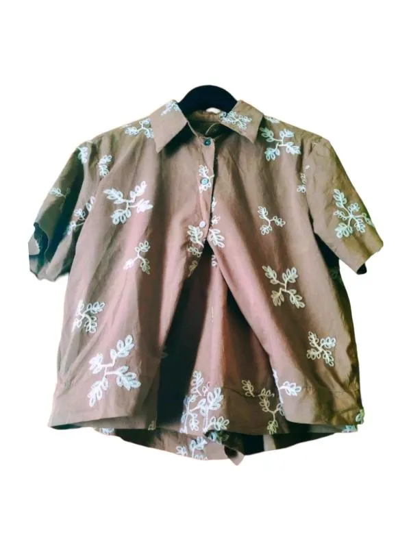 Compleu S-M | Bej, Floral & Tropical, Broderie, Bumbac