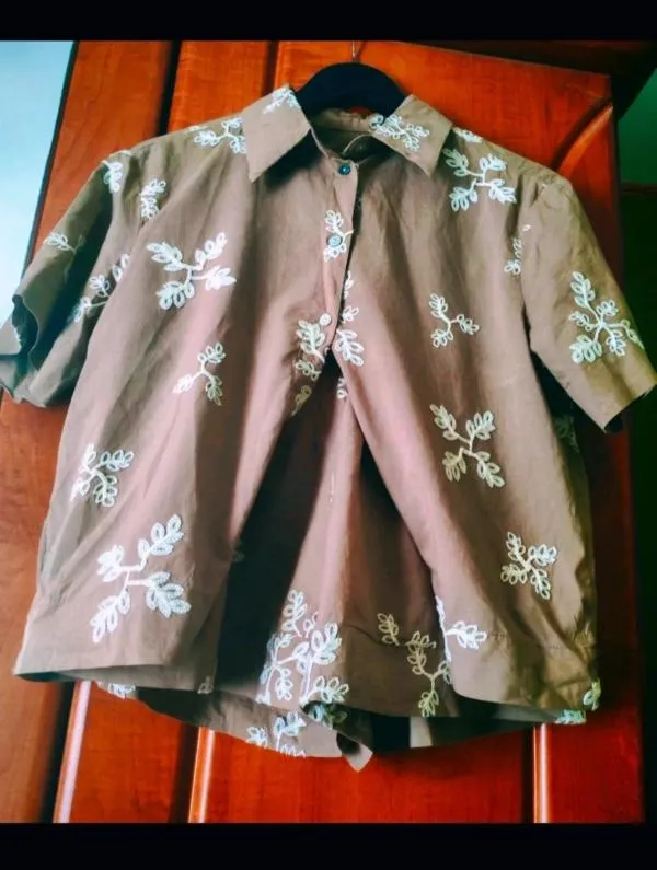 Compleu S-M | Bej, Floral & Tropical, Broderie, Bumbac - Image 2