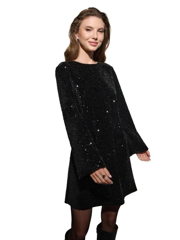 Rochie de seară Sinsay S | Negru, Mini, Mânecă lungă, Paiete, Poliester