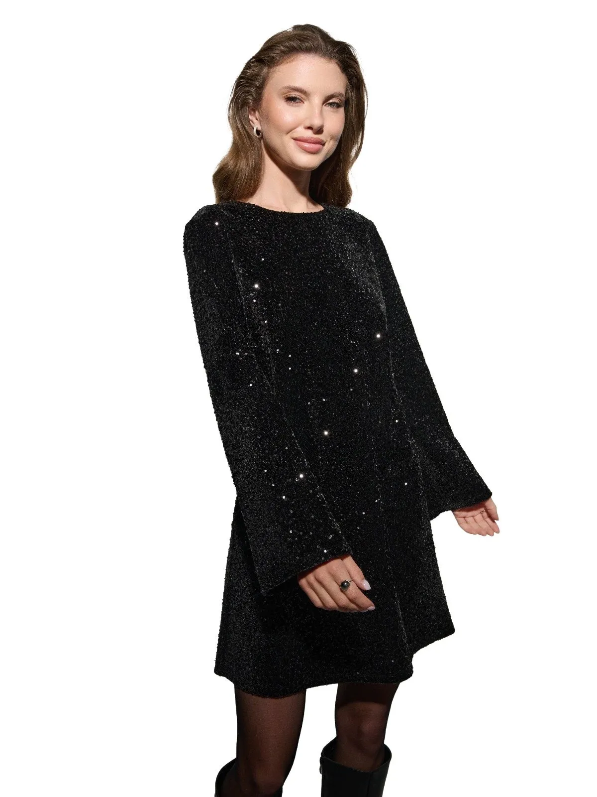 Rochie de seară Sinsay S | Negru, Mini, Mânecă lungă, Paiete, Poliester