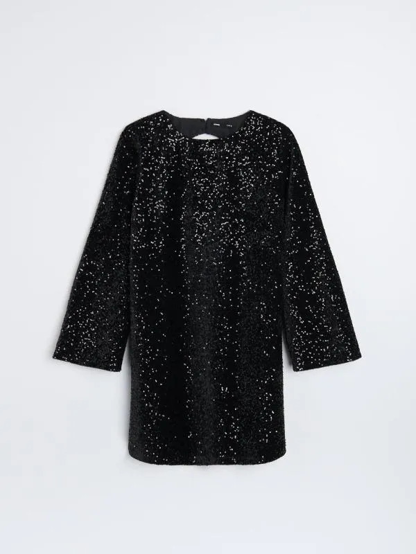 Rochie de seară Sinsay S | Negru, Mini, Mânecă lungă, Paiete, Poliester - Image 2