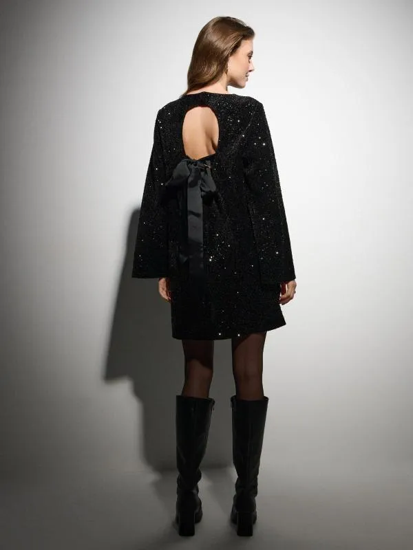 Rochie de seară Sinsay S | Negru, Mini, Mânecă lungă, Paiete, Poliester - Image 3
