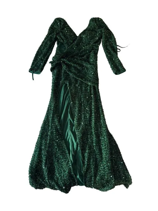 Rochie de seară L | Verde, Midi, Mânecă lungă, Paiete