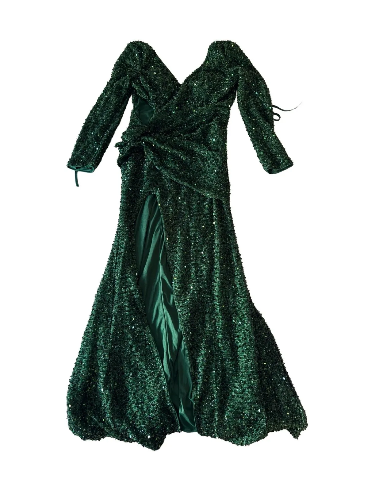 Rochie de seară L | Verde, Midi, Mânecă lungă, Paiete