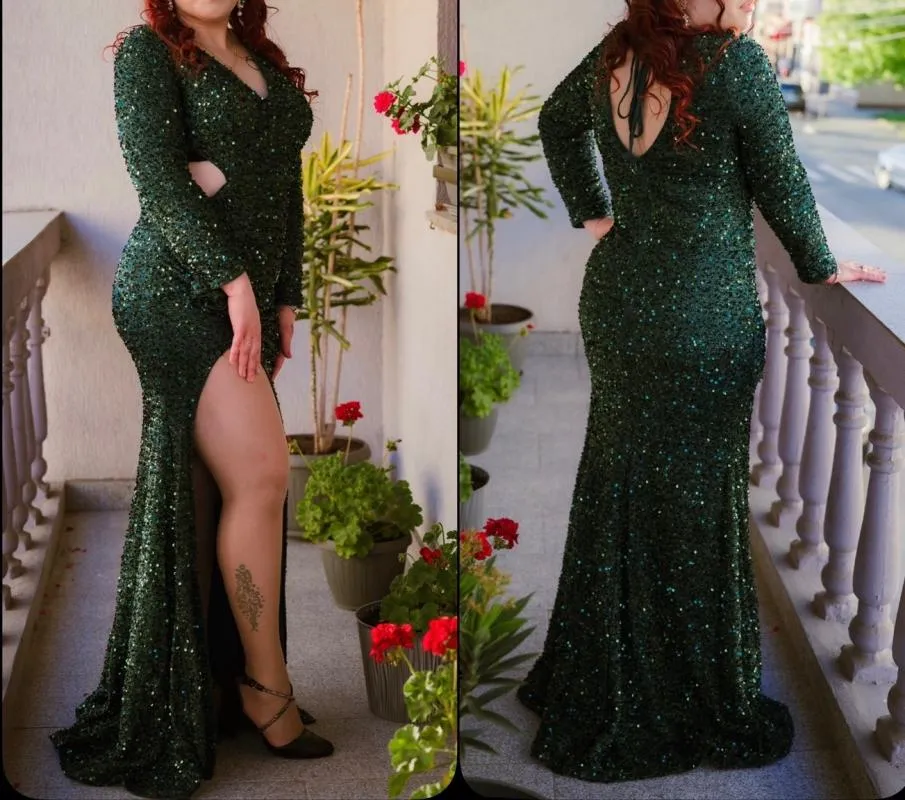 Rochie de seară L | Verde, Midi, Mânecă lungă, Paiete - Image 3