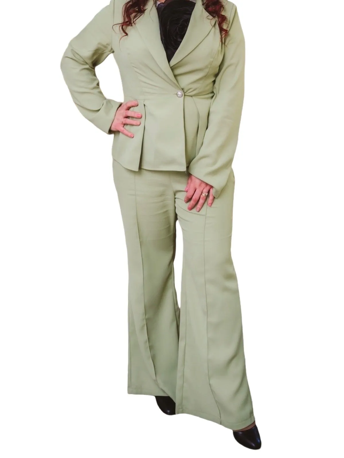 Costum cu sacou și pantaloni L | Verde lime, Volane, Elastan