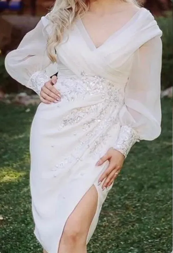 Rochie de ocazie S-M | Alb, Midi, Mânecă lungă, Broderie, Mătase - Image 6