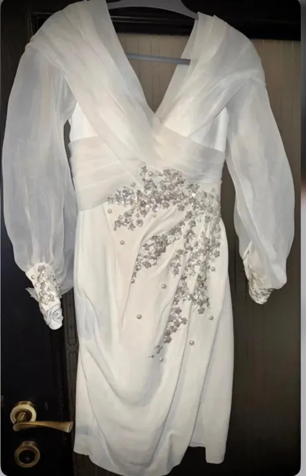 Rochie de ocazie S-M | Alb, Midi, Mânecă lungă, Broderie, Mătase - Image 2